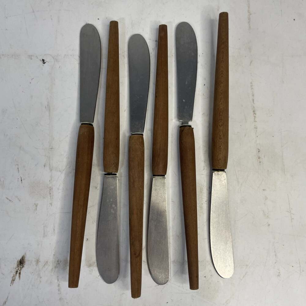 6 MCM 6 1/2” Japan Stainless Cheese/ Butter Knife. Teak Wood Handle.